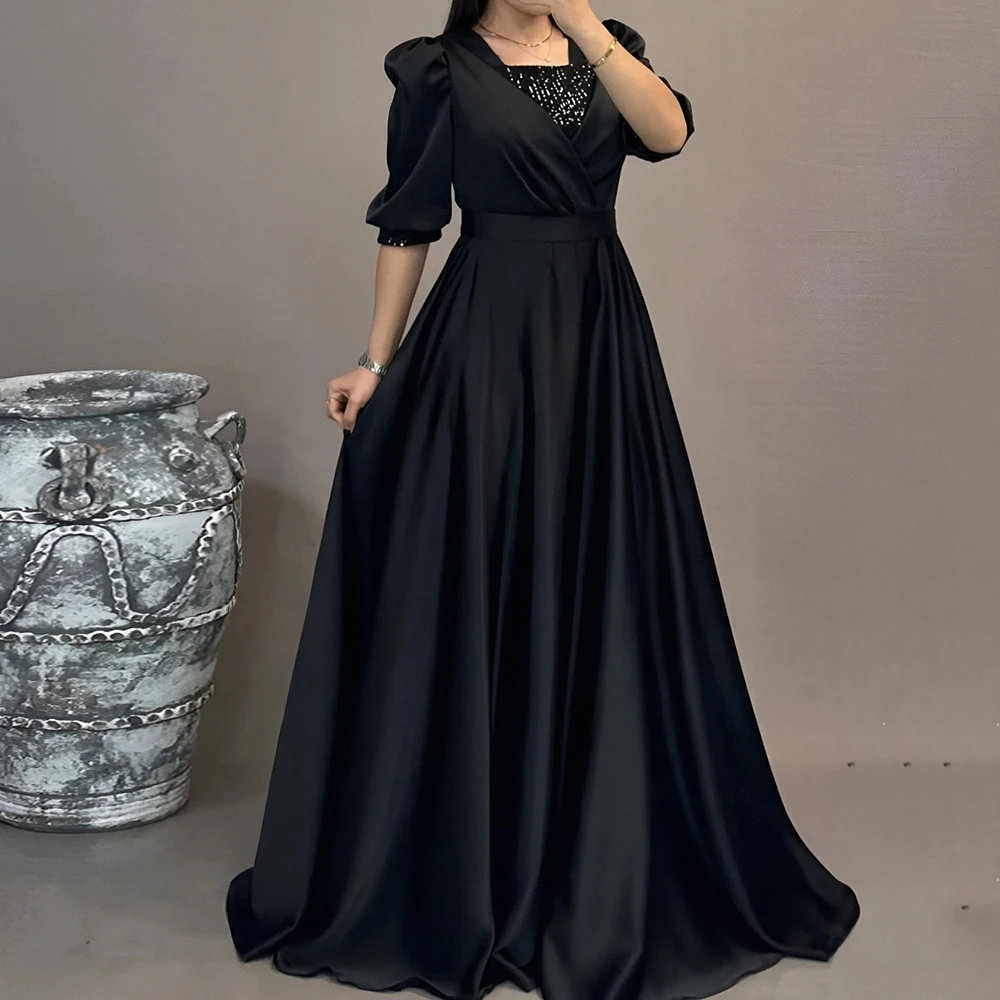 

Customized A-line Evening Dresses Floor-length Square Collar Half Sleeve Prom Gown Fashion Sequined Simple Draped Party Gown