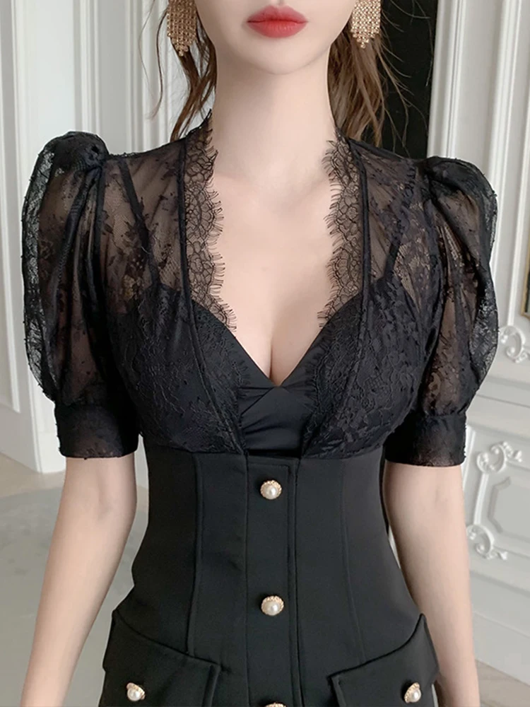 Elegancka Mini Sukienka Damska Sexy Retro Czarna Przezroczysta Koronkowa Haftowana Jednorzędowa Obcisła Krótka Sukienka na Imprezę Vestidos Mujer