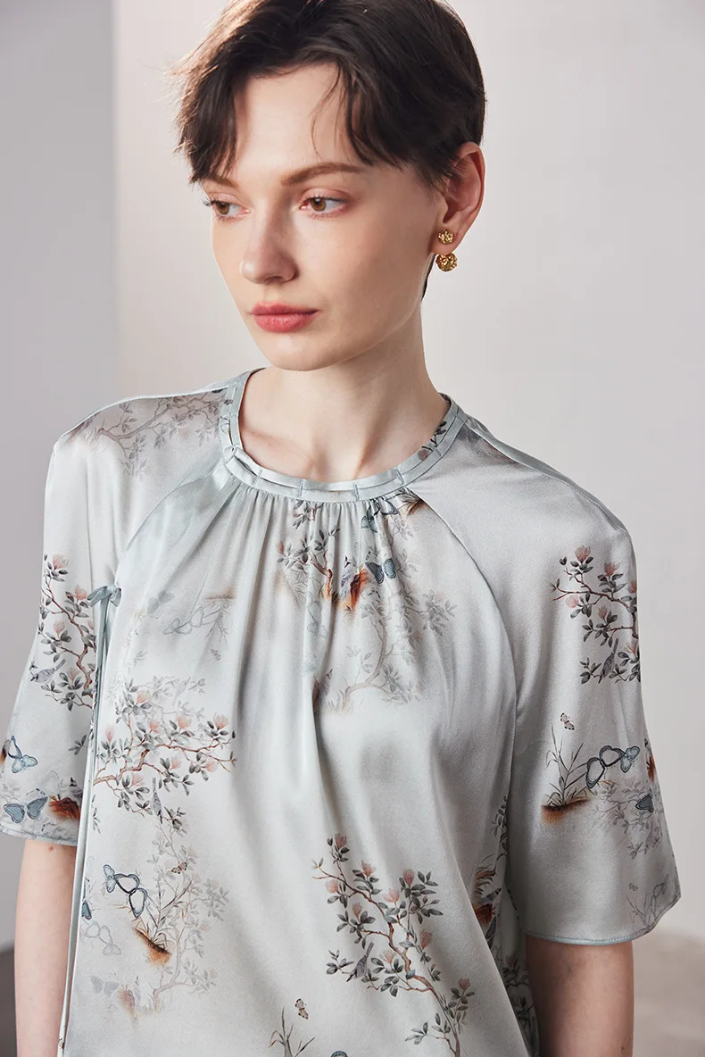 90% Natural Silk 10% Spandex Women's Blouse Printed Half Sleeves Elegant Fashion Blouse Tops