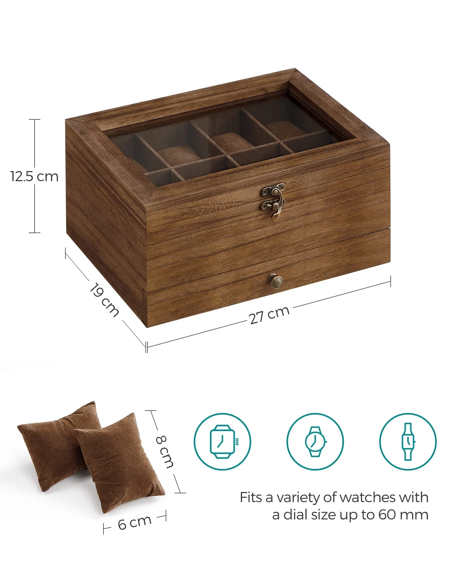 Custom wooden case with large glass cover watch case with jewelry drawer for storage and display