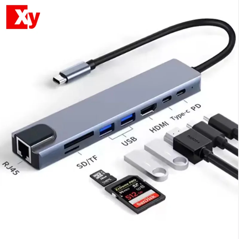 

Laptop Docking Network Card TF/SD Card Reader Converter USB3.0 Type-C Hub HDMI Extender 8 in 1 Hub Compatible With Macbook