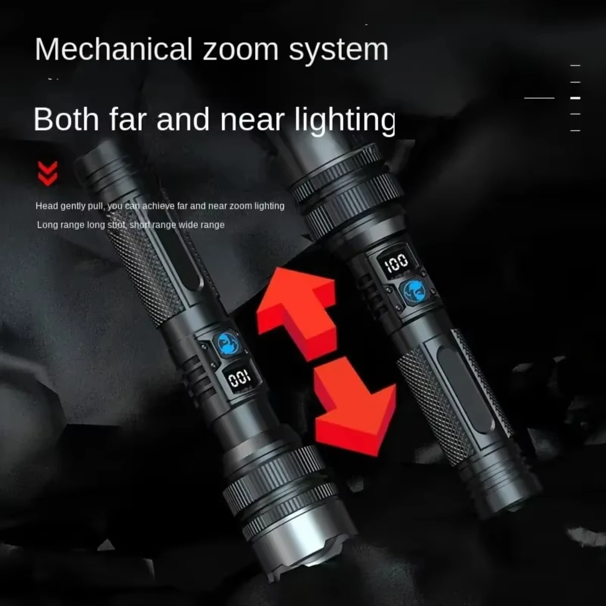 Wydajna latarka LED z zoomem i wyświetlaczem cyfrowym - wygodna latarka z możliwością ładowania typu C na kemping i wędrówki