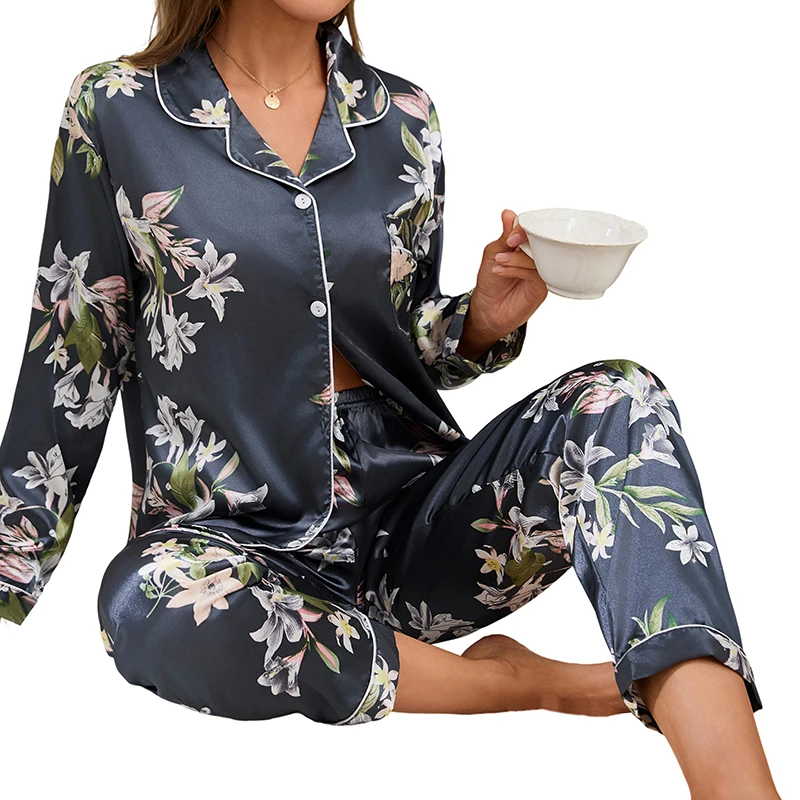 Women Autumn Winter Pajama Sleepwear Loungewear Long Sleeve 2 Piece Pajama Sets Floral Print Satin Comfortable Lounge Sets