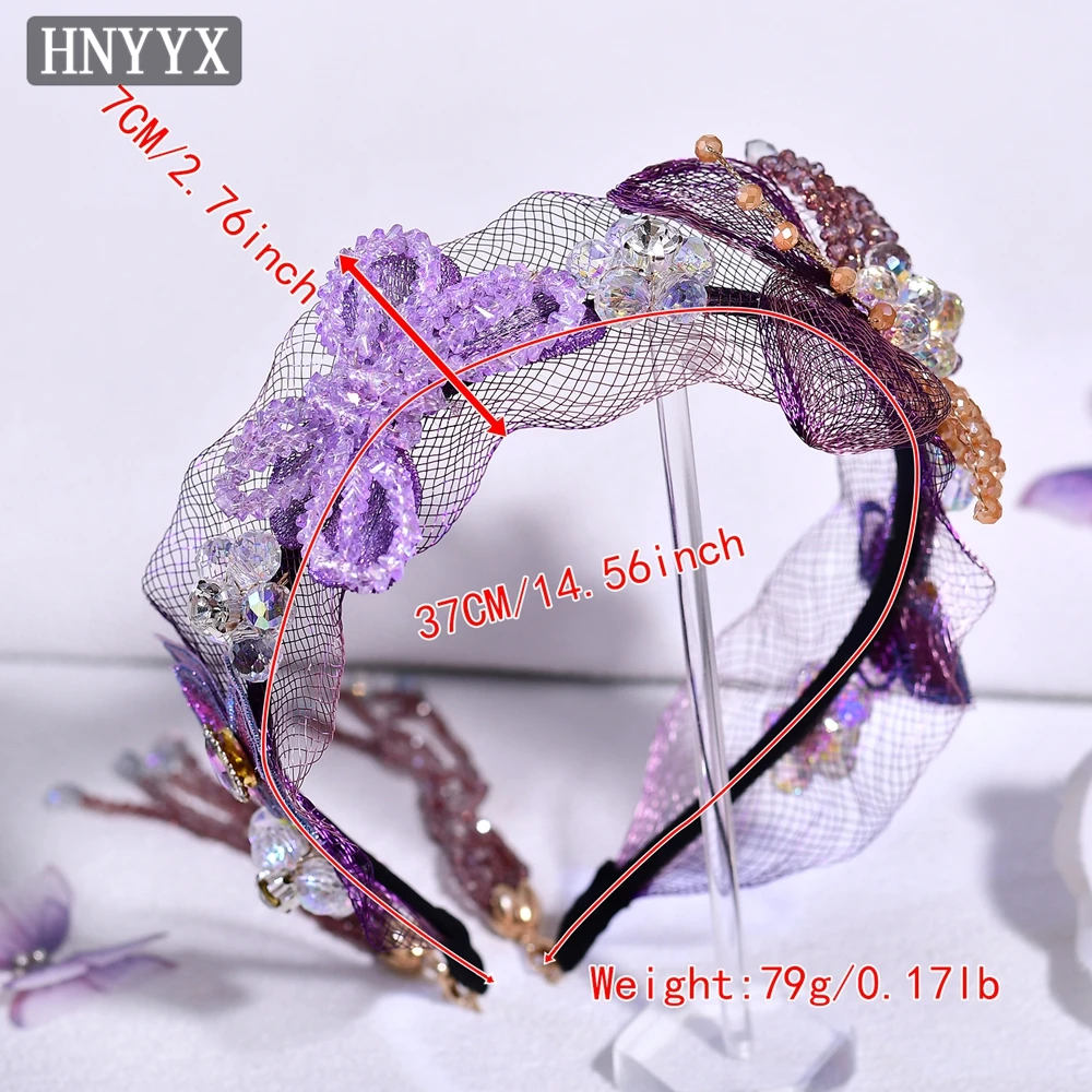 HNYYX Hollow Wide Headband Purple Crystal Hairband Handmade Butterfly Flower Headdress Elegant Romantic Hair Accessories A336
