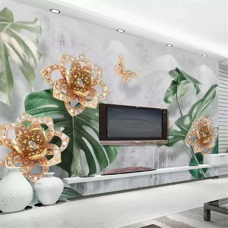 wall papers home decor Custom wallpaper 3d green plant monstera jewels flower TV background wall papel pared tapety
