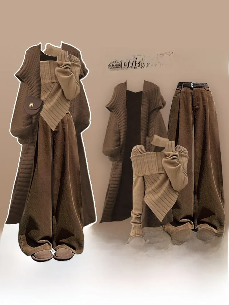 

Cool Trendy Sister Tee-Piece Set Cardigan Outerwear Winter Combination Whole Korean Drama Casual Pants Polyester Long Sv...