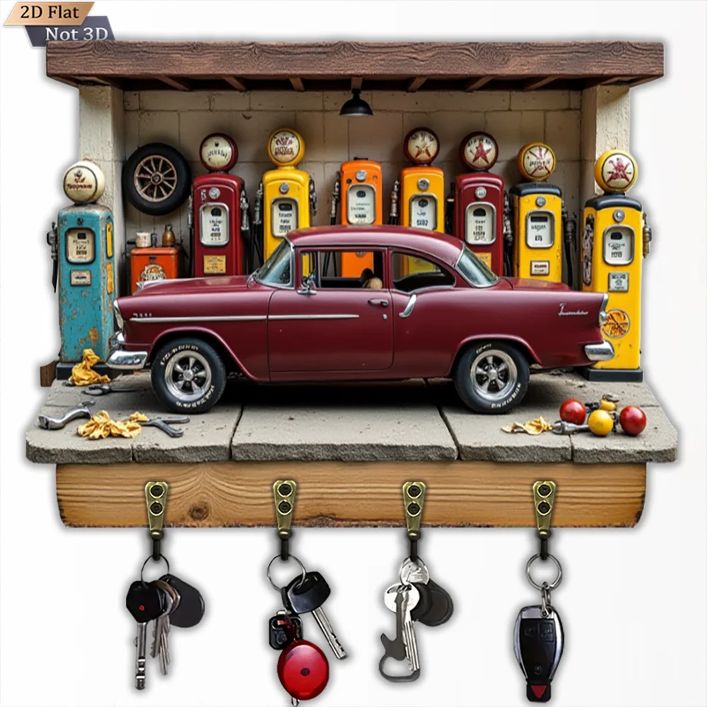 2D Flat, 1pc, Vintage Car Gas Station Key Hook, Wooden Multifunctional Home Key Hook, with Four Metal Hooks, Wall Decoration,