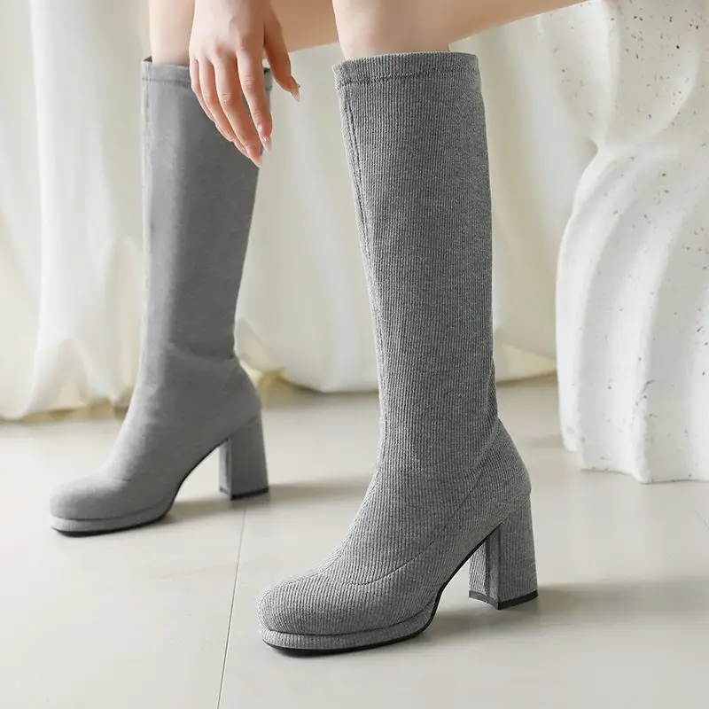 REAVE CAT Brand Women Knee High Boots Round Toe Block Heel 8cm Platform 1.5cm Slip On Size 47 48 Dating Female Stretch Bota