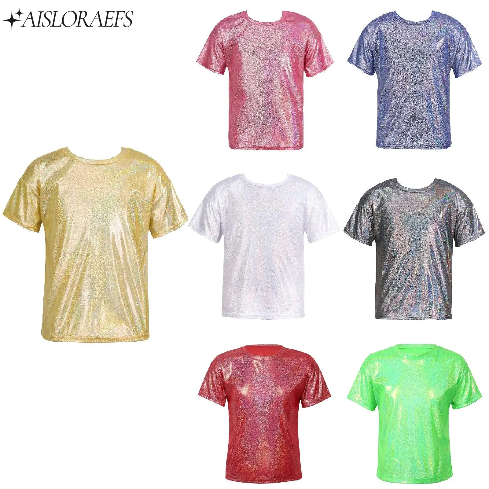 

inlzdz Kids Boys Girls Metallic Shiny T-shirt Sparkly Jazz Dance Top Hip Hop Street Dancing Costumes Stage Performance Dancewear