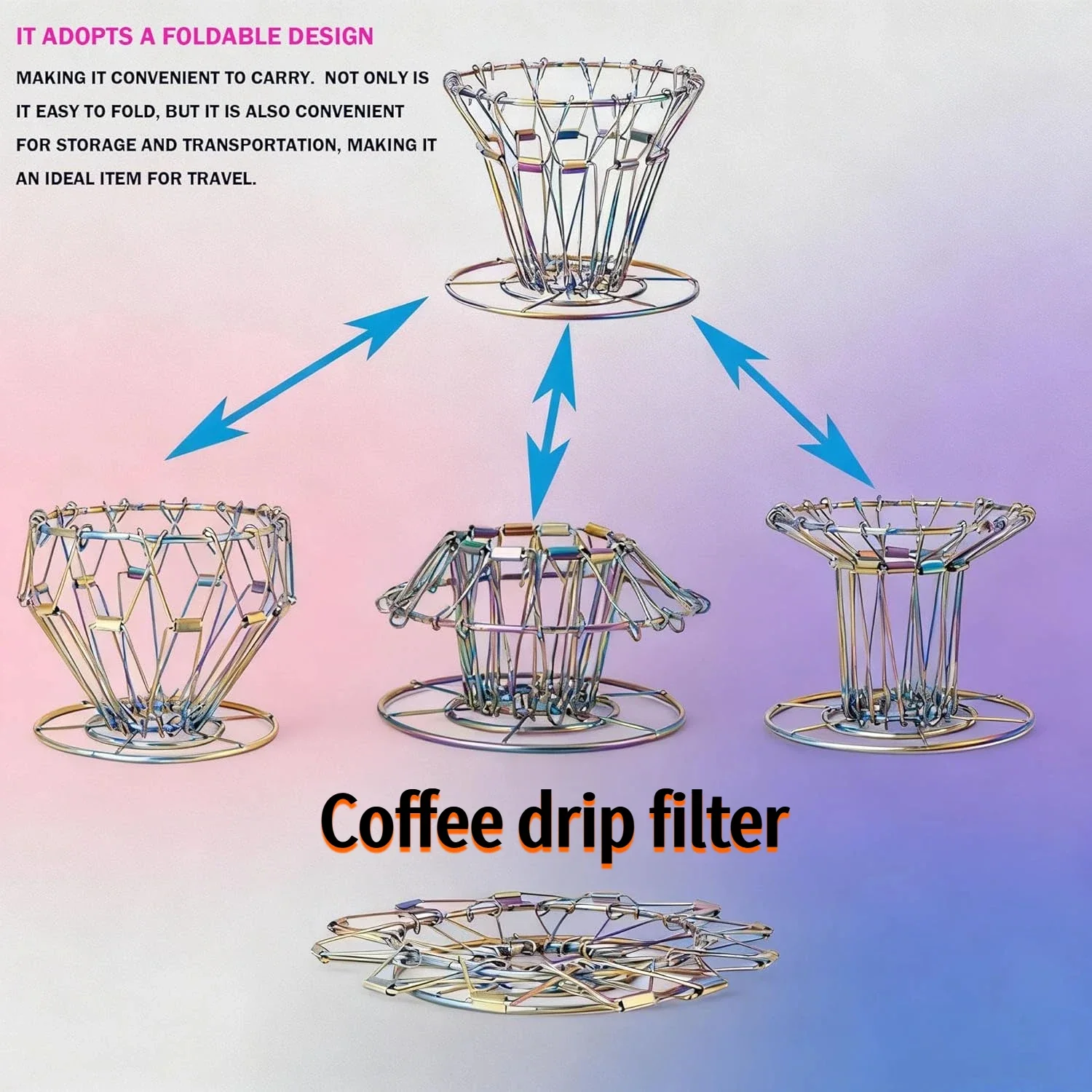

Portable stainless steel reusable coffee drip filter, foldable outdoor coffee drip filter.