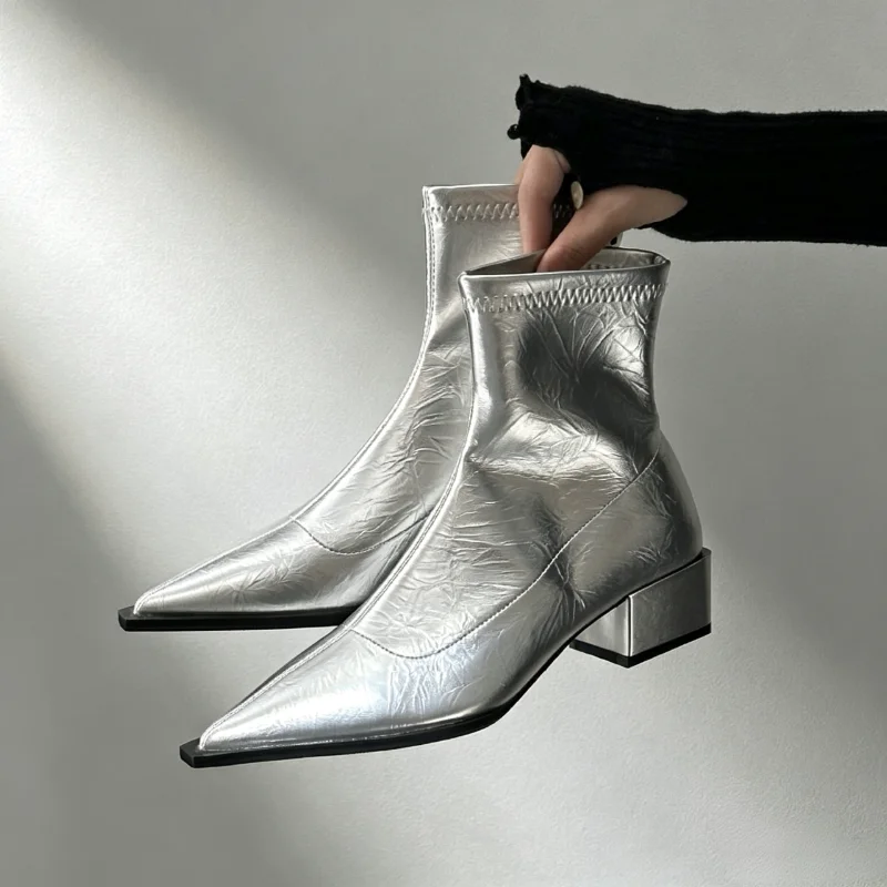 Slip-on Soft-soled Chunky Heel Women's Leather Shoes Fashion Pointed Toe Slim Booties