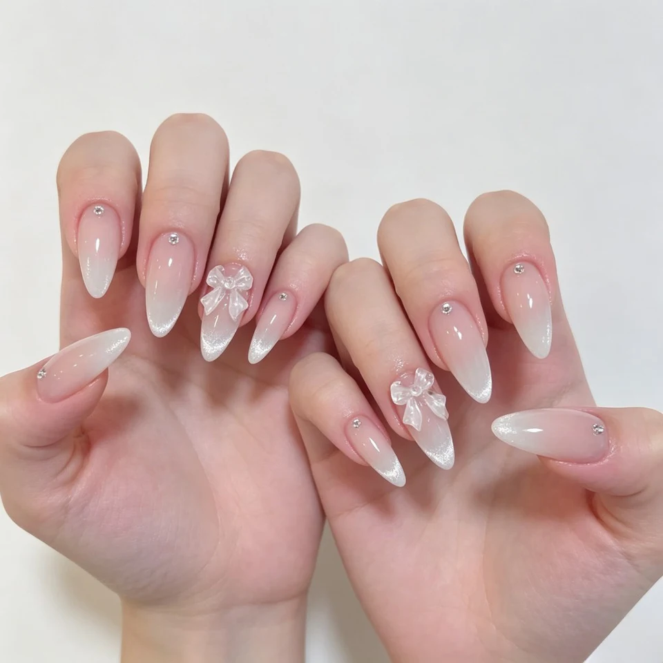 24 Uñas Postizas Francesas con Puntas de Diamante y Moño Tridimensional, Uñas Almendradas para Mujeres y Niñas 6