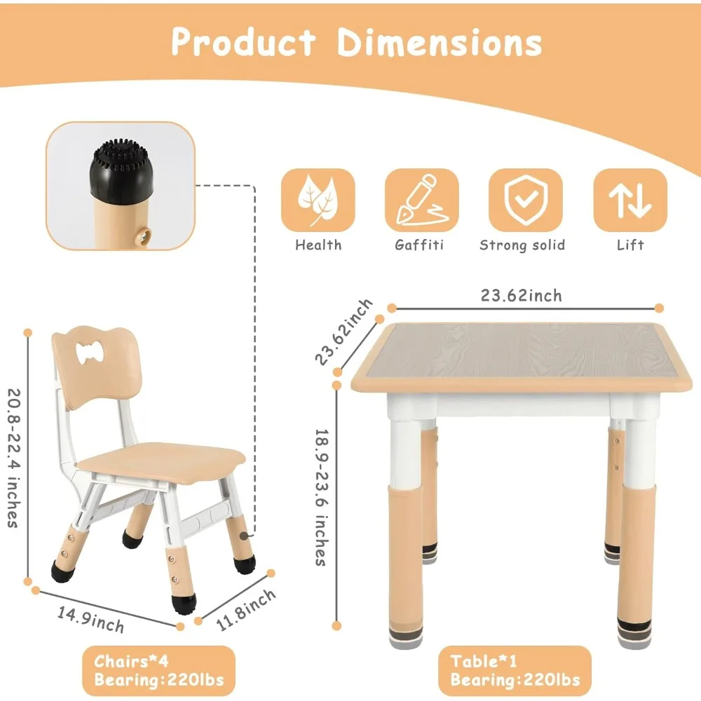 Kids Table and 4 Chair Set, Height Adjustable Toddler Table and Chair Set, Non-Slip Legs, Graffiti Desktop, Large Furniture