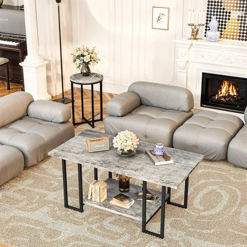 Faux Marble 3-Piece Living Room Table Set with Metal Frame and 2 Round Side Tables