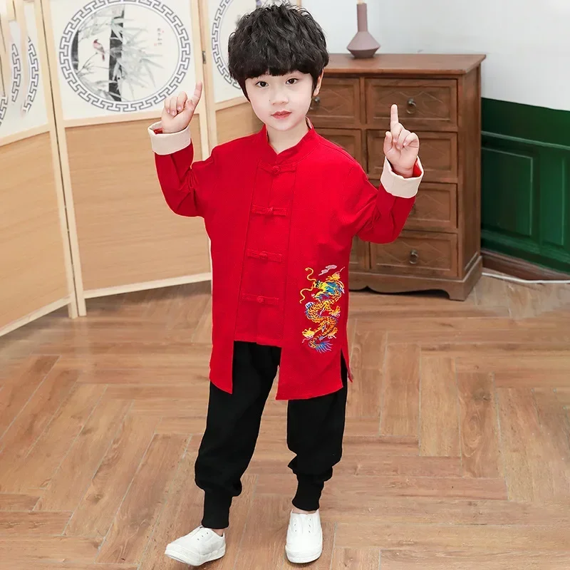 Hanfu traditionnel chinois pour enfants, manches longues, dragon brodé, nouvel an, Tang imbibé, Noël, automne, coton, rouge