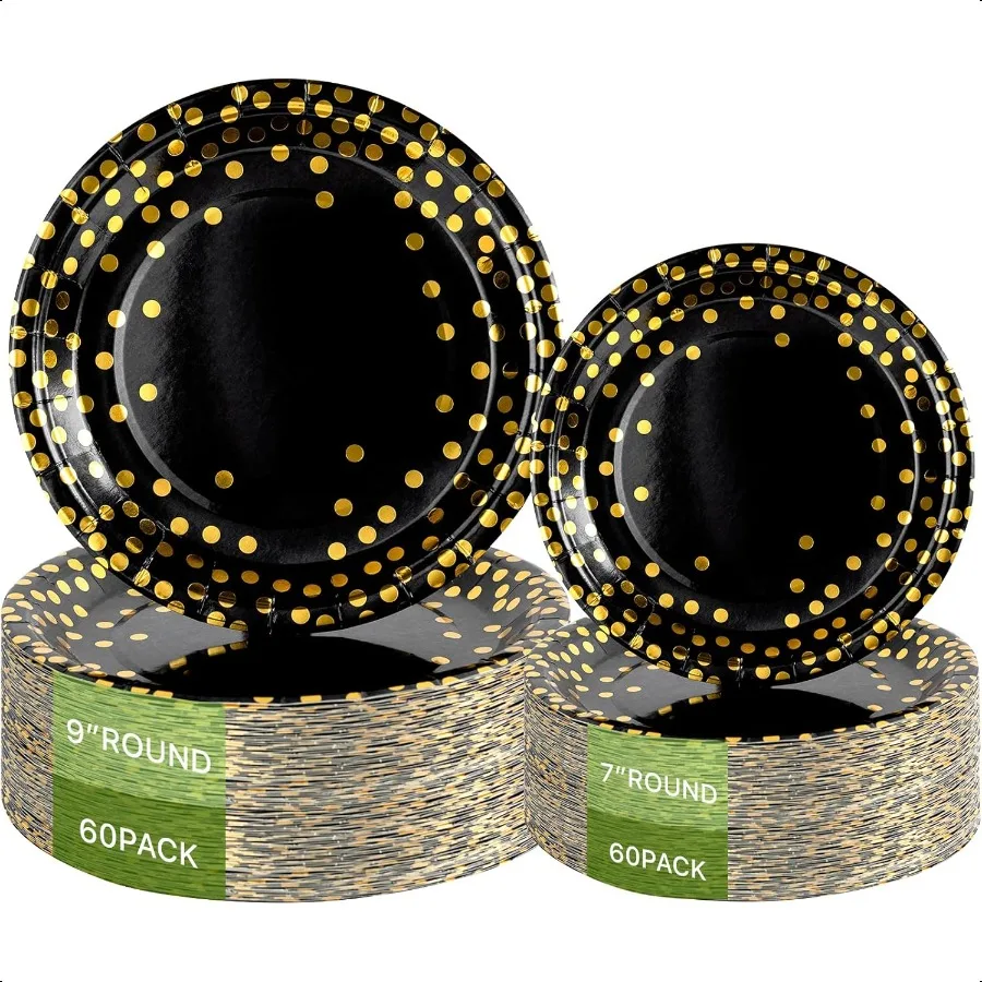 

120 шт. черные бумажные тарелки Черно-золотые бумажные тарелки 60 шт. обеденные тарелки 960 шт. деферные тарелки 7 выпускных тарелок с золотым D
