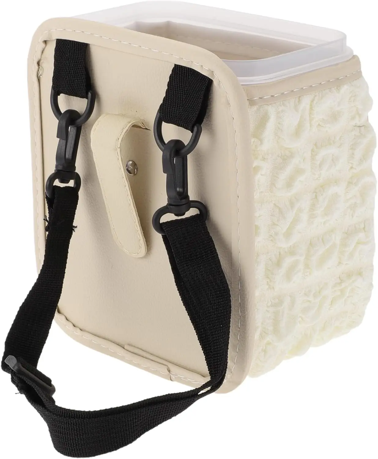 سلة مهملات السيارة محمولة ومعلقة بطول 5.9 بوصة وعرض 4.3 بوصة ارتفاع 7.5 بوصة قماش بيج وأبيض 1 قطعة