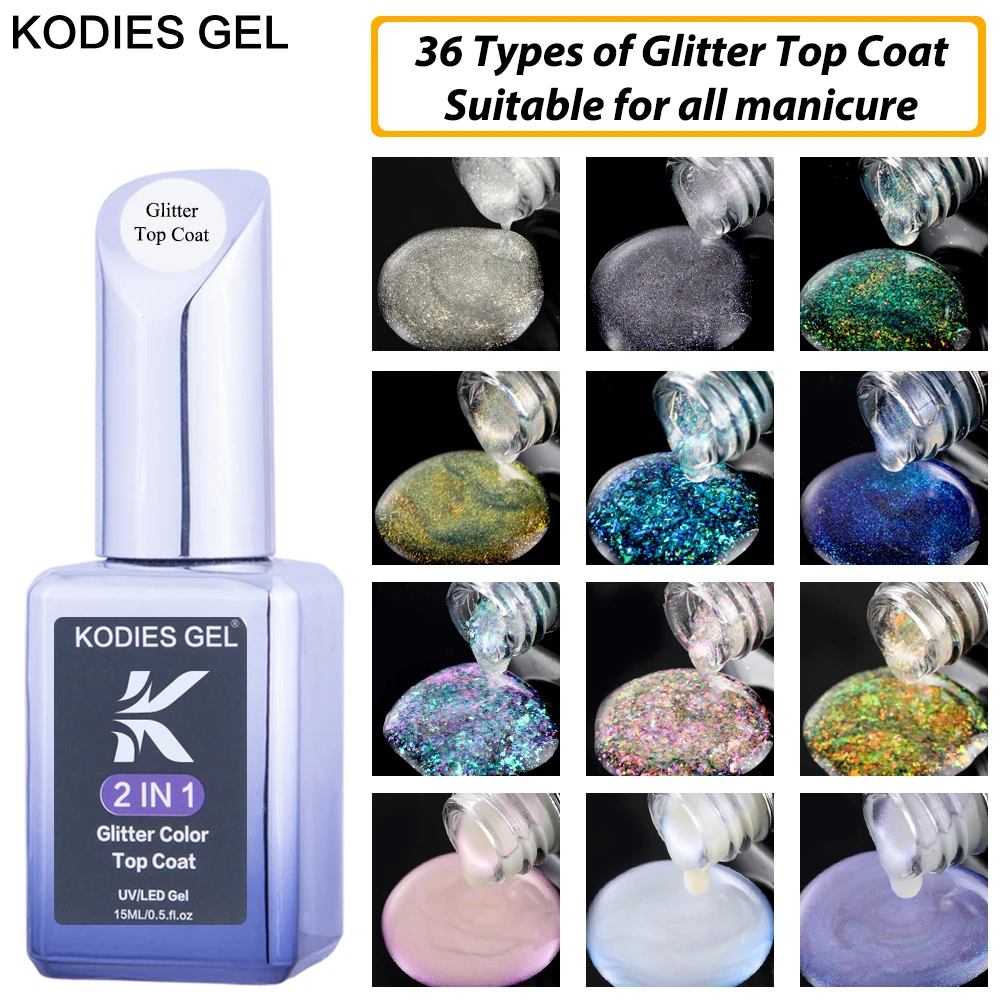 KODIES GEL Top Coat UV เจลเล็บ 15ML Glitter Diamond Topcoat เล็บกึ่งถาวรฤดูร้อนเจลเคลือบเงาสําหรับเล็บ Art