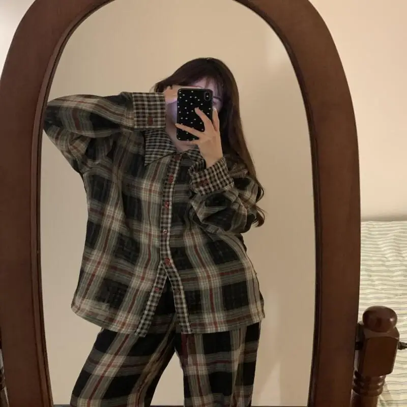 Conjunto de pijamas para mujer, pijamas cálidos de invierno para mujer, ropa navideña a la moda para el hogar, pijamas, conjunto de pijama lindo y suave con rejilla