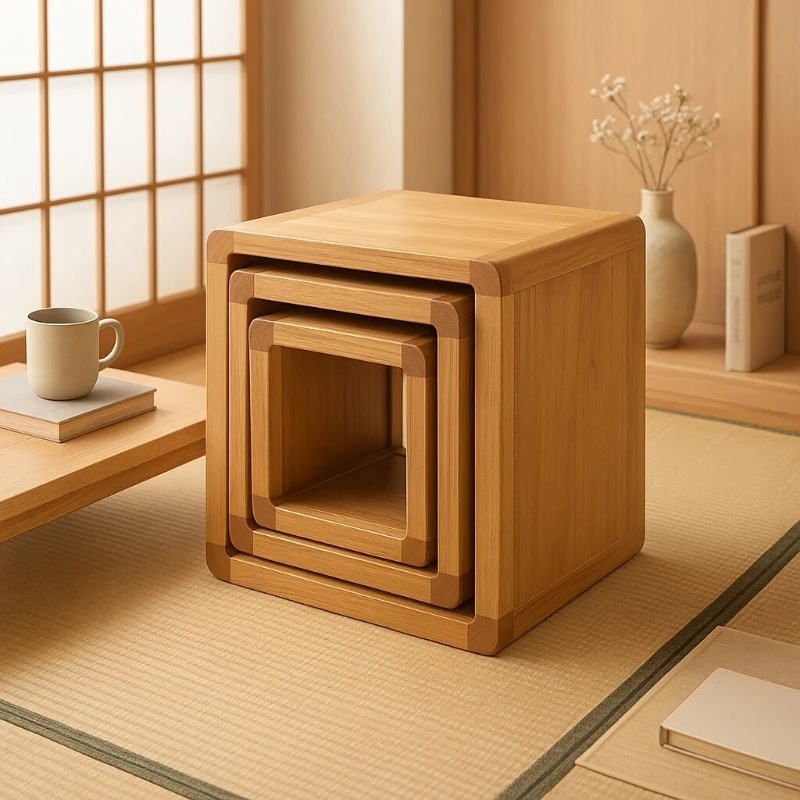 

Japanese round Ottoman Solid Wood Stackable Storage Stool for Kids Living Room Space Saving Small Bench with Hidden Compartment