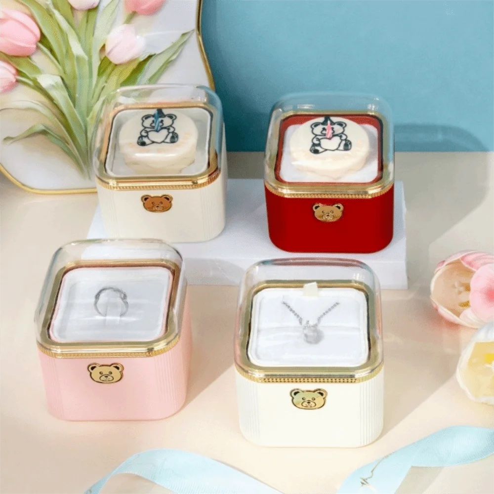 

Packaging Box Cartoon Bear Flip Ring Box Automatic Romantic Rotating Jewelry Box Cute Mini Cake Gift Box Birthday Festival