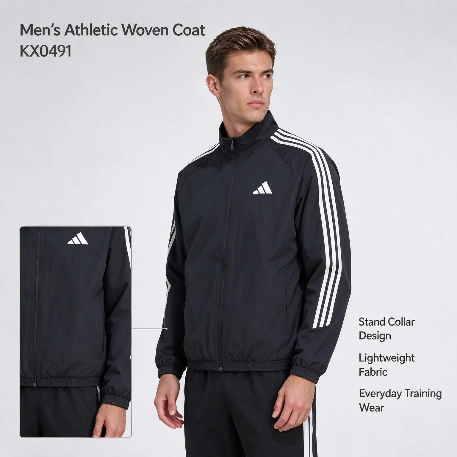Hot Adidas ST 3ST LW JKT Men's Woven Jacket KX0491 Black Full-Zip Stand Collar Shoulder Three-Stripes Casual Sports Outerwear