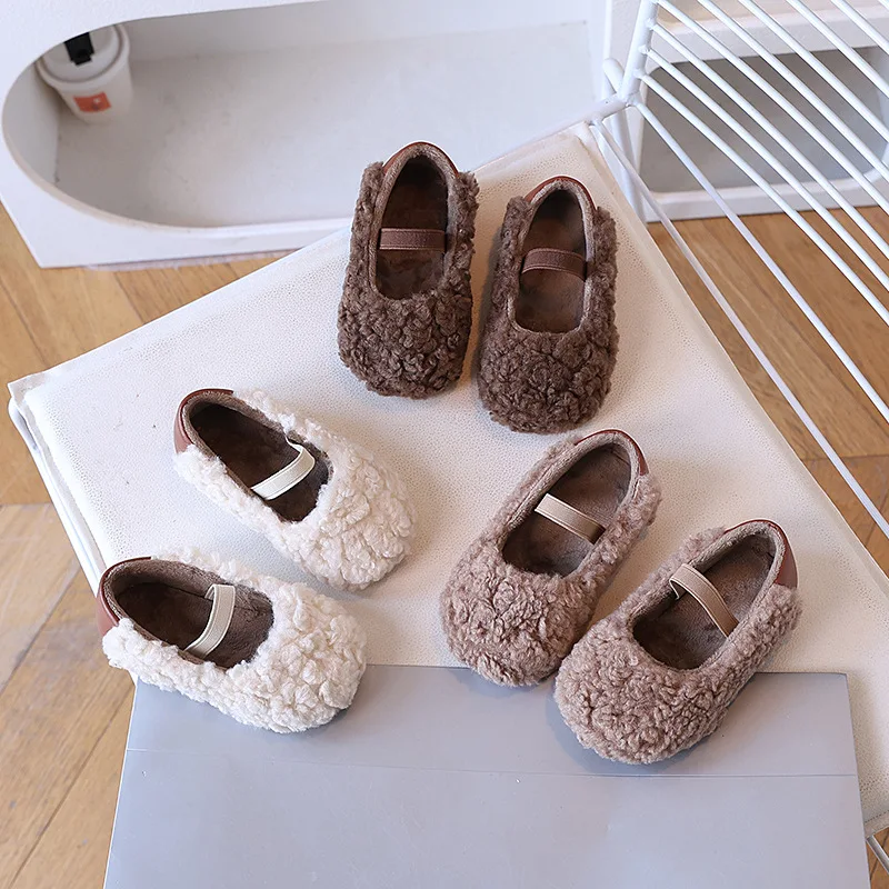 Winter New Children Flat Shoes Fur Cover Toe Light Warm Kids Casual Shoe 2024 Plush Warm Non-slip Leisure Comfy Boys Girls Shoe