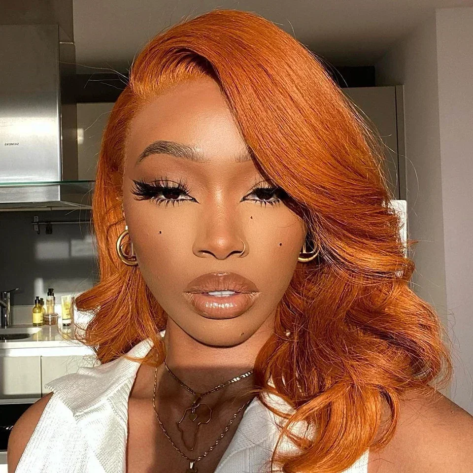 Ginger Orange BOB Human Hair Lace Frontal Wig Pre Plucked Loose Wave Short Wigs for Women 13x4 Curly Bob Perruque Cheveux Humain