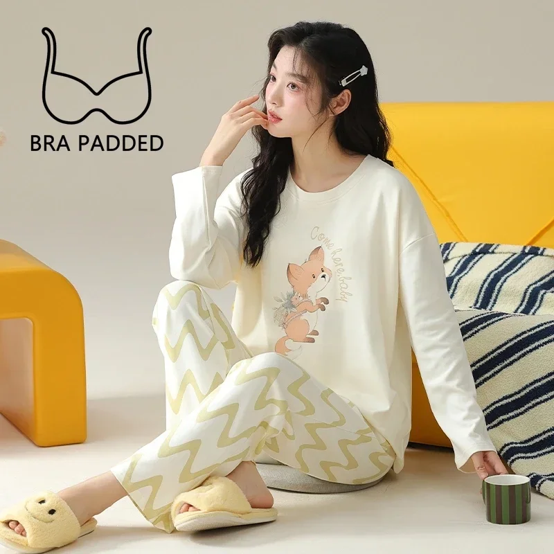 New Autumn Sweet Girl Pajamas with Bra Pads Long Sleeves Pants Pajama Sets Fashion Soft Pjs Woman Dog Print Sleepwear