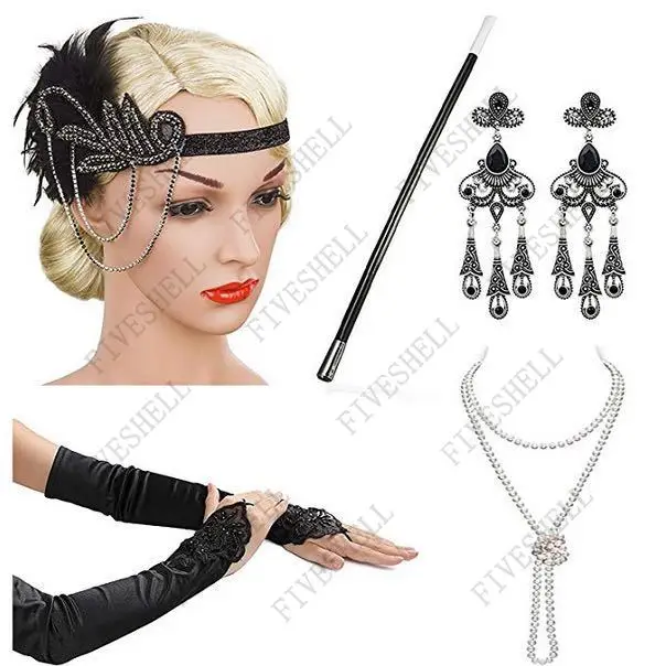 1920s Flapper Dress accessori Retro Party puntelli GATSBY CHARLESTON fascia collana di perle fascia di piume nere Costume di Halloween