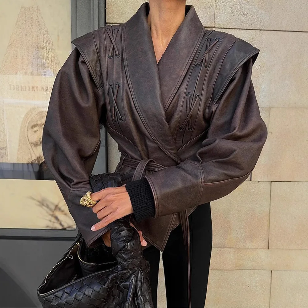 Damska kurtka skórzana z długim rękawem, luźna, uniwersalna, z dużym kołnierzem i ozdobnym wiązaniem, nowość 2025.