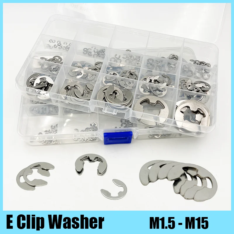 

320/215pcs E Clip Washer 304 A2 Stainless Steel Snap Ring Washer E-shaped External Circlip Retaining Ring for Shaft Kit M1.5~M15