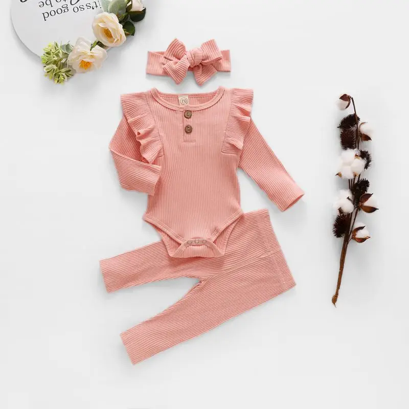 Solid Color Spring Autumn Baby Children Ruffled Fly-sleeved One-piece Romper Trousers And Headband Three-piece Suit