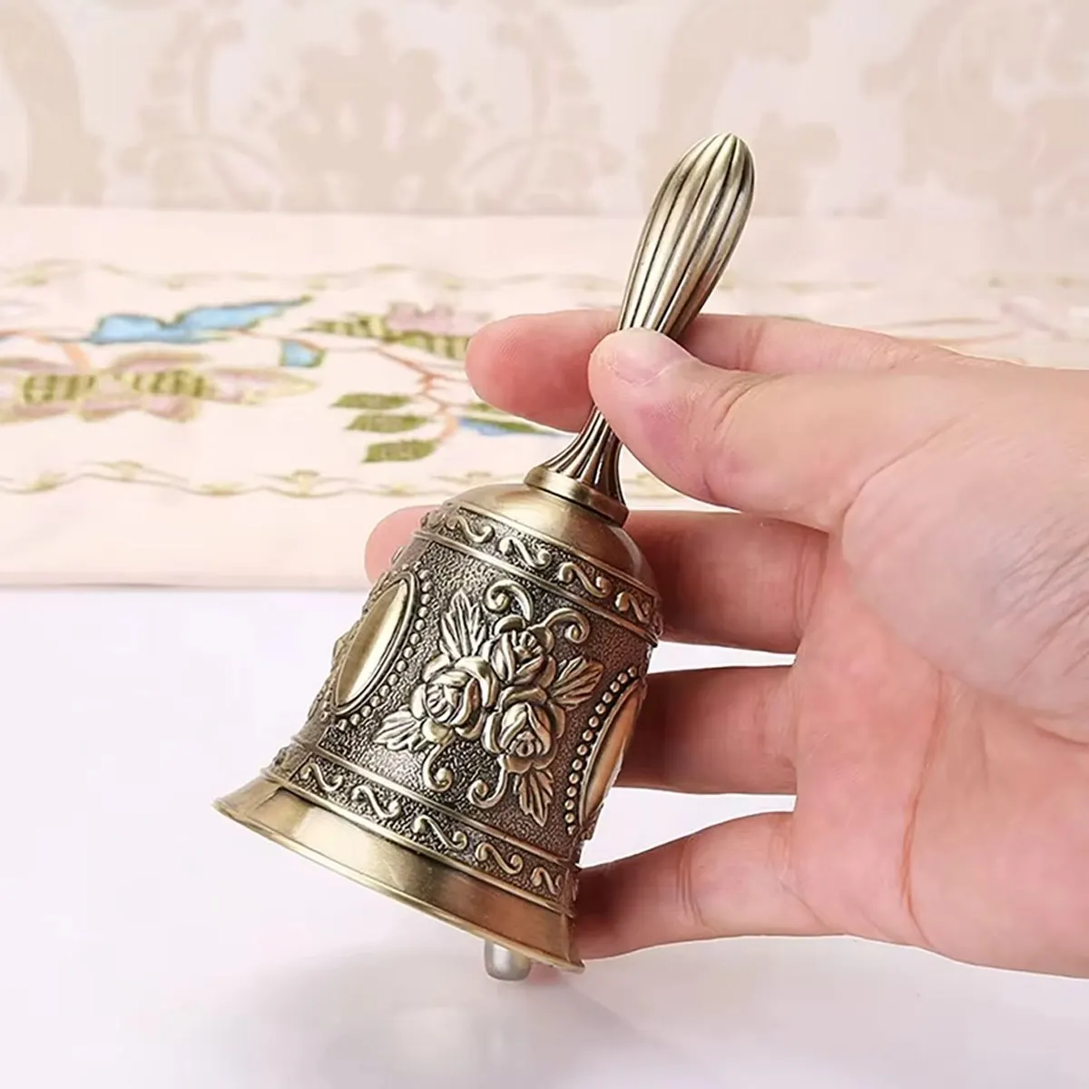 2 Vintage Bronze Elegant Hand Bells, Adorned with a Luxurious Handle—Classic Bronze Color, Suitable for Weddings, Churches, Classrooms, and Bars, Durable and Sturdy Bell-Calling Devices