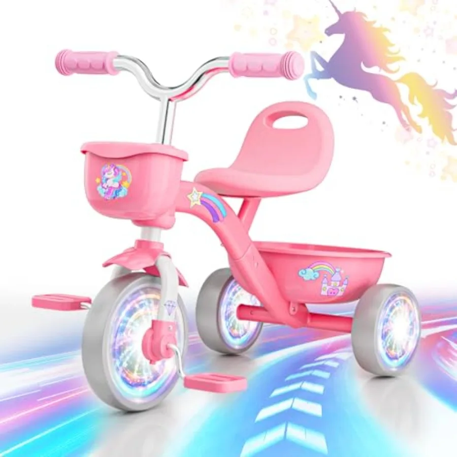 Triciclo para Niños Pequeños de 1 a 3 Años, Bicicleta de Unicornio para Niños Pequeños de 3 a 5 Años con Ruedas de Luces de Colores, Canasta Grande, Regalo de Cumpleaños y Juguete