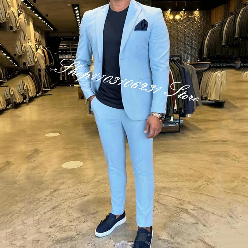 Sky Blue Men Suits 2-Pieces Casual Jacket Pants Slim Fit Business Groom Wedding Tuxedos Peak Lapel Blazer Trajes De Hombre