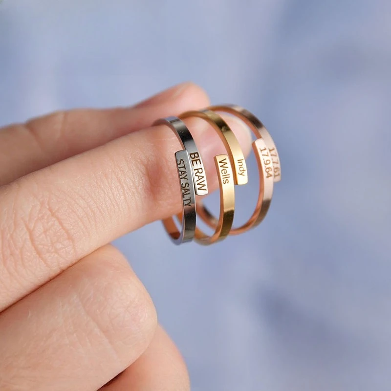 Custom Engraved Stainless Steel Adjustable Ring Unisex Personalized Couple Finger Ring Fashion Jewelry Gift for Friends Family