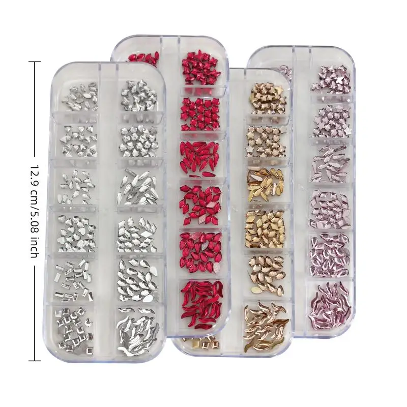 Bijoux en strass pour ongles, 12 grilles, fond plat, diamant irrégulier, décorations pour Nail Art, accessoires pour ongles, fournitures de breloques