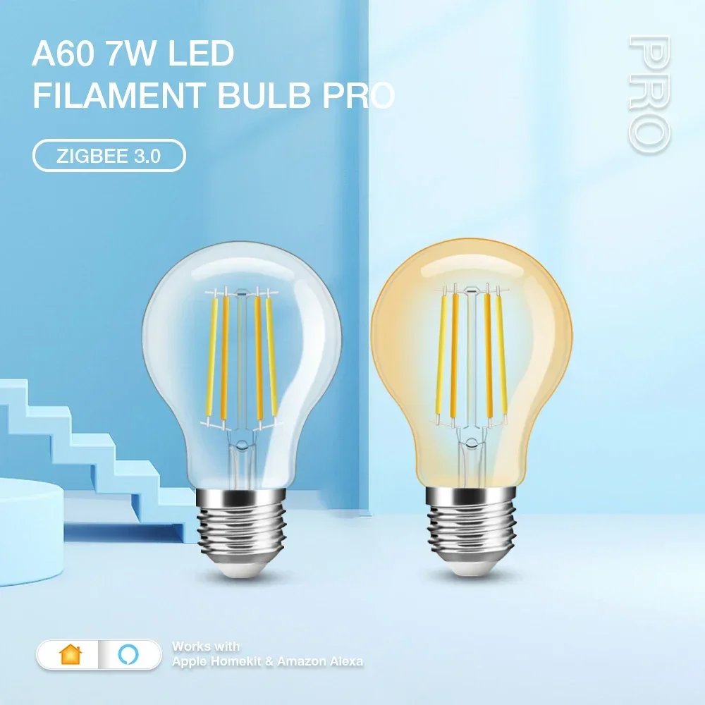 Gledopto Zigbee 3.0 Smart Home Vintage LED Filament Bulb Light A60 7W Pro Work With Smart Things APP Alexa Voice Remote Control