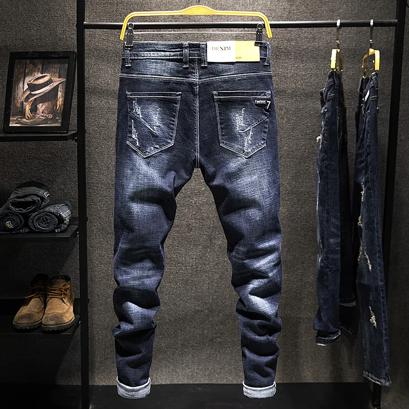 2024 New Ripped Jeans Men Slim-fit Denim Pants Cotton Korean Style Fashion Elasticity Versatile Blue Black Men's Clothing