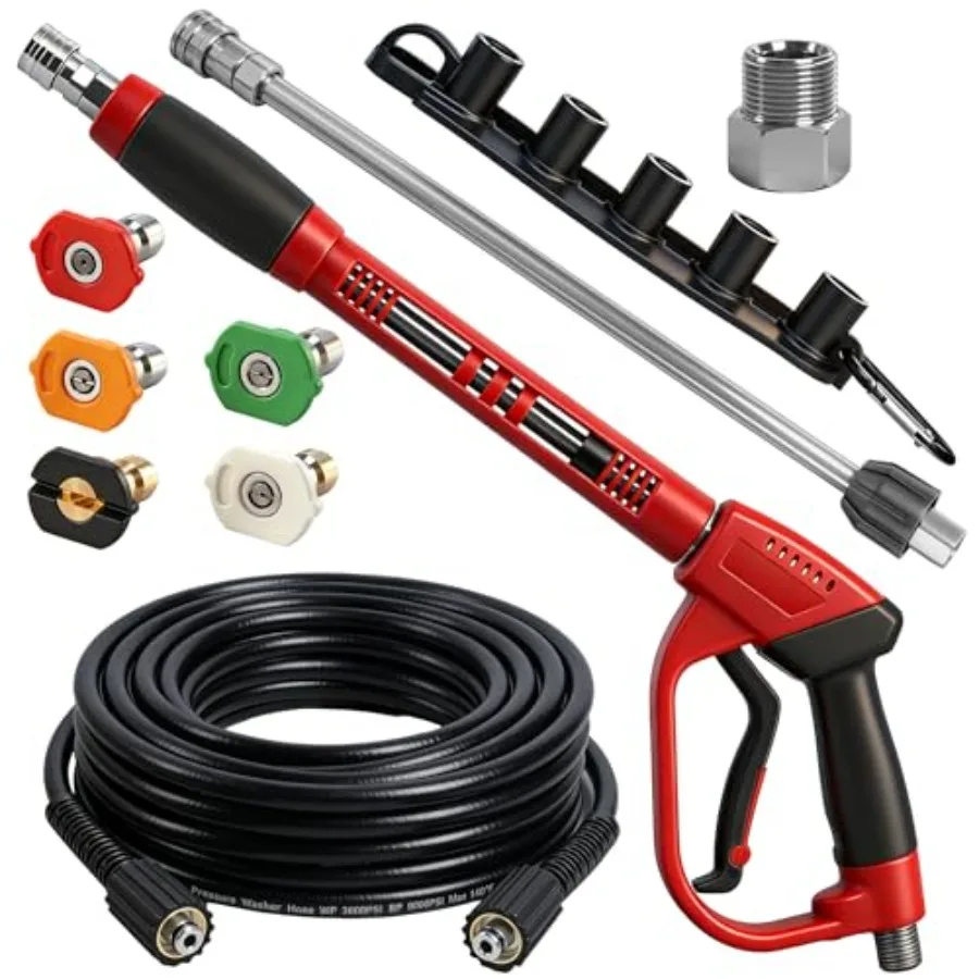 

Комплект для мойки высокого давления: пистолет и шланг 30 футов, устойчивый к перегибам, сменная насадка-удлинитель, 5 насадок, подключение M22-14