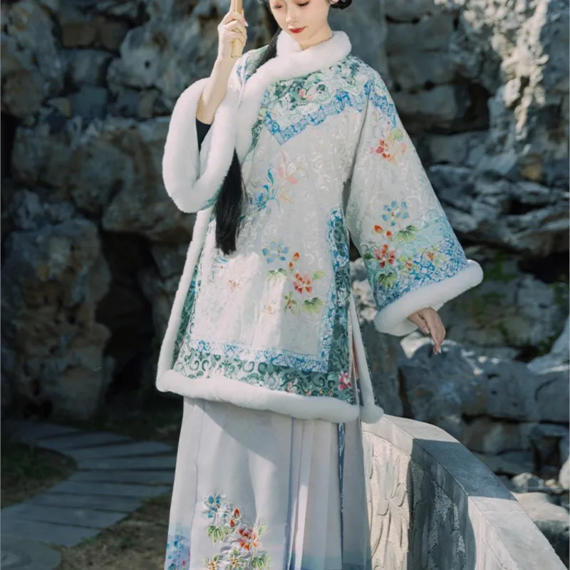 Qing y Han-vestido a cuadros de forro polar grueso para mujer, ropa antigua Diagonal de la abuela joven Jinshang, ropa antigua de la dinastía, Otoño e Invierno