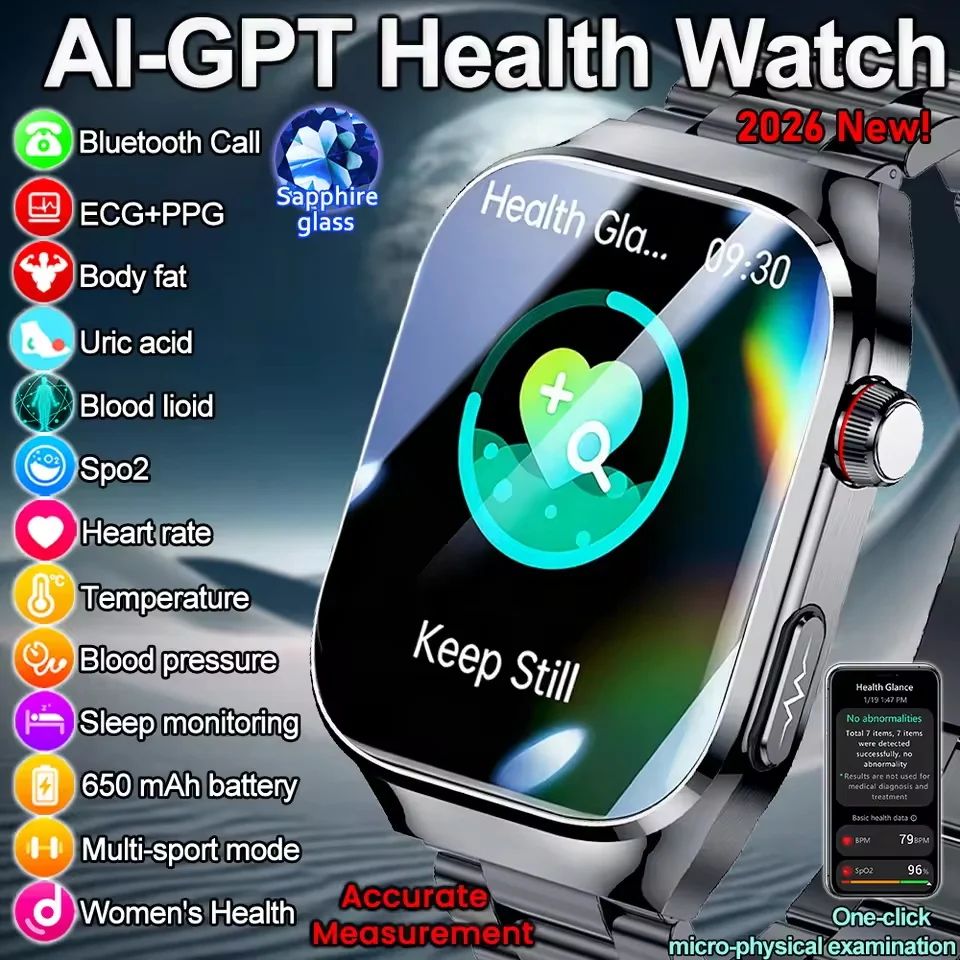 Nuevo Reloj Inteligente 2026 para Android iOS, Monitor de Salud para Hombre y Mujer, Preciso, con Análisis de Ácido Úrico, ECG+PPG, Presión Arterial y Análisis Corporal