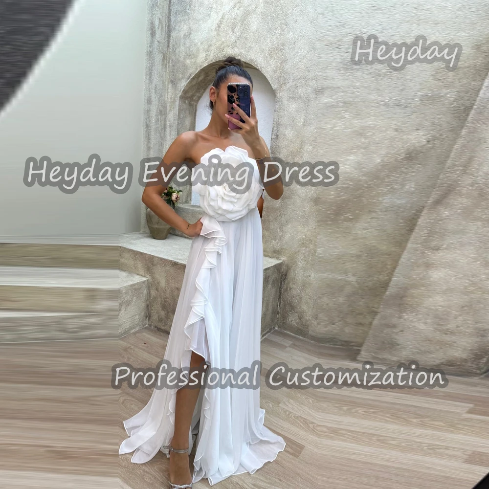 

Heyday Strapless Saudi Arabia Sleeveless A-Line Prom Gown Chiffon Flower Floor Length Elegant Evening Party Dress For Women 2024