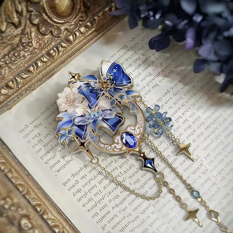 Blue Bow & Crystal Enamel Pin, Gold Plated Star Chain Brooch, Elegant Fantasy Badge for Backpack & Jewelry Gift