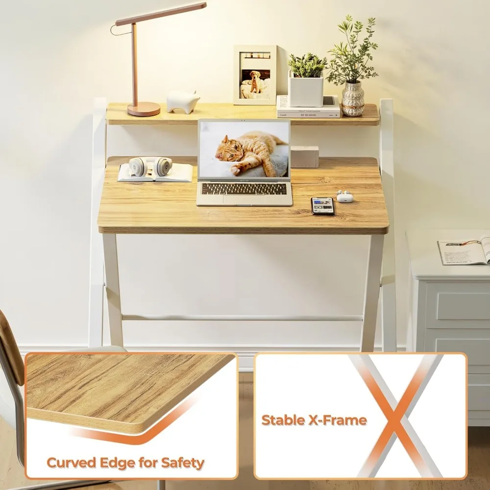 مكتب قابل للطي بدون تجميع من Greenforest، مكتب كمبيوتر مدمج من طبقتين مع رف، طاولة قابلة للطي موفرة للمساحة مقاس 30 بوصة للمنزل #6