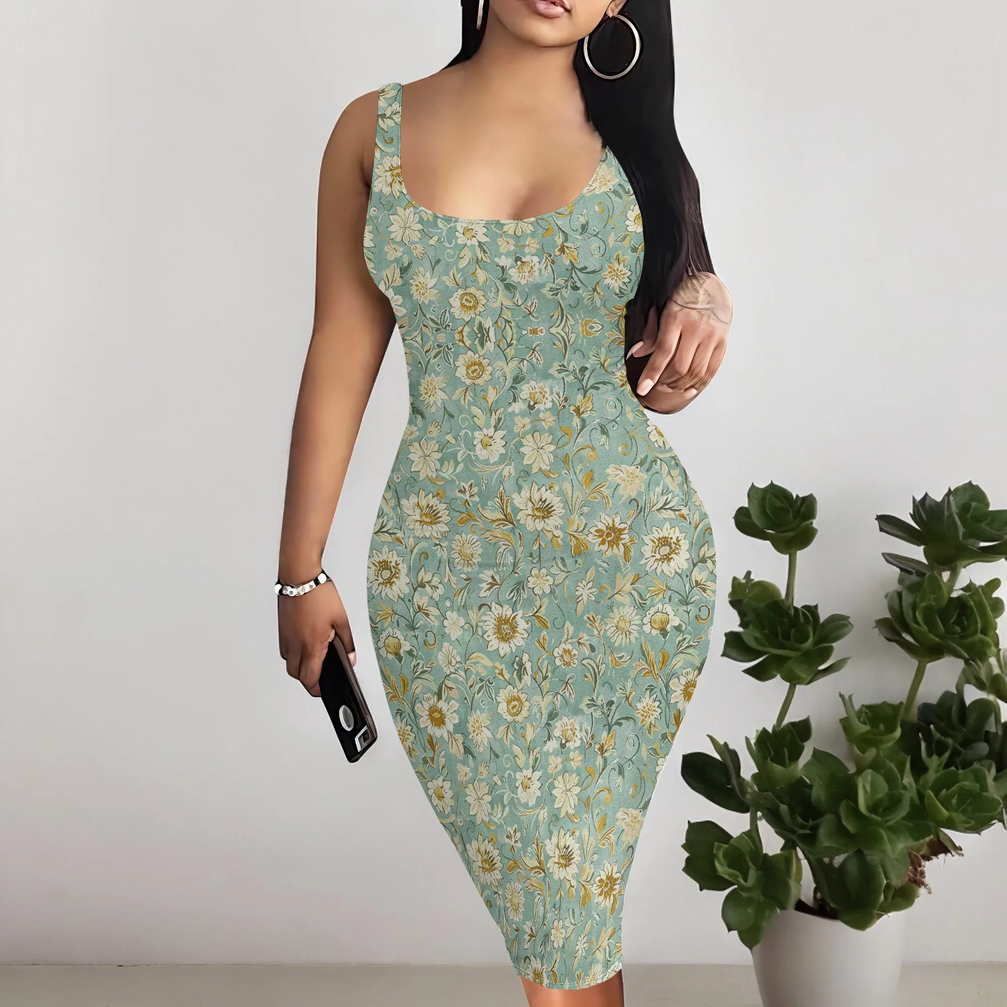 

Women's Boho Floral Midi Dress Sleeveless O-Neck Bodycon Dress for Casual Holiday Party Wear XS-3XL