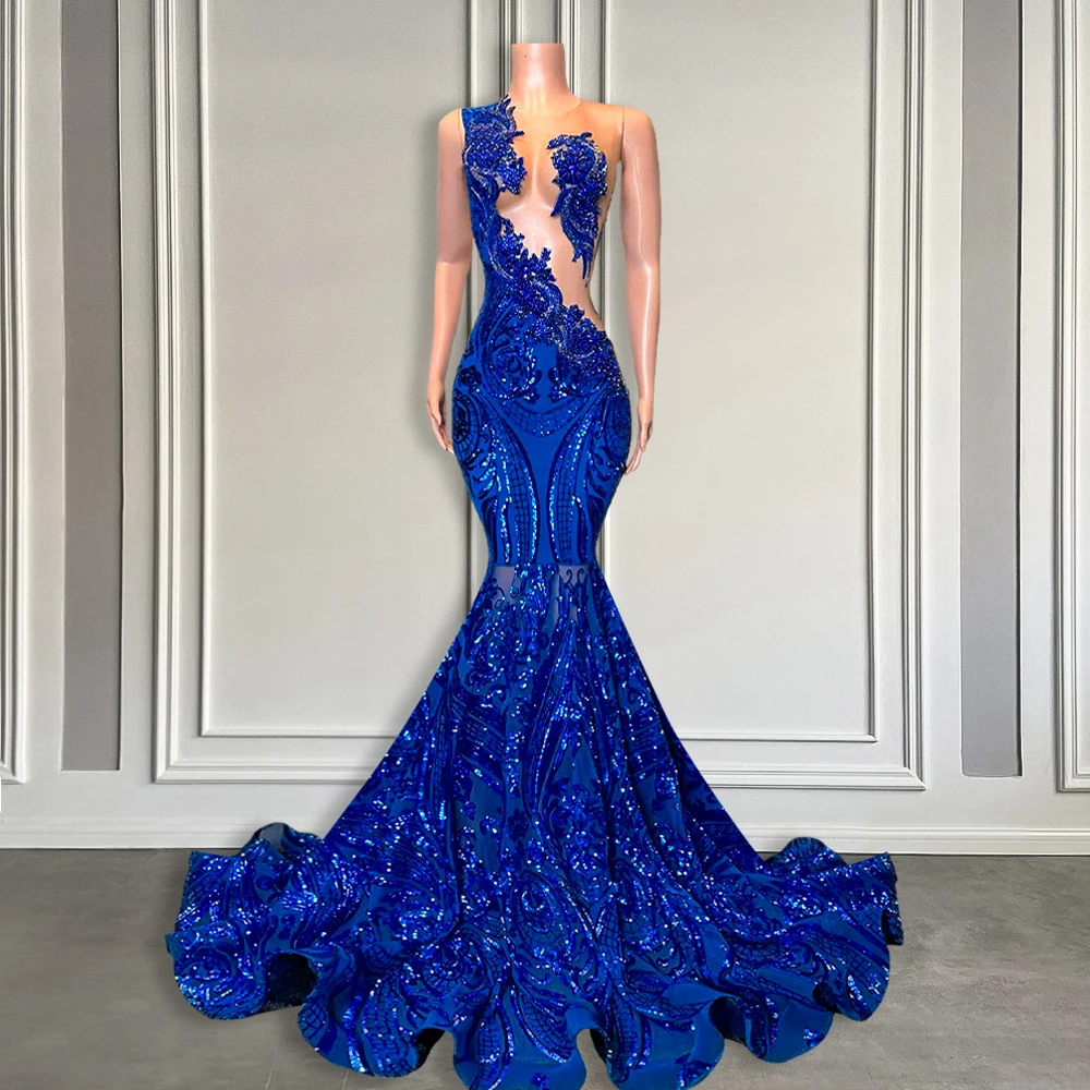 Elegant Royal Blue Mermaid Prom Dress For Black Girl Sparkly Lace Sequined Prom Party Gown African Women Long Prom Dresses