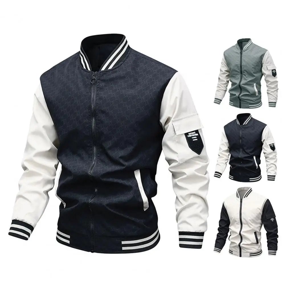 

Urban Style Men Jacket with Pockets Mid-aged Men's Zip-up Baseball Jacket with Stand Collar Contrast Color Design for Spring