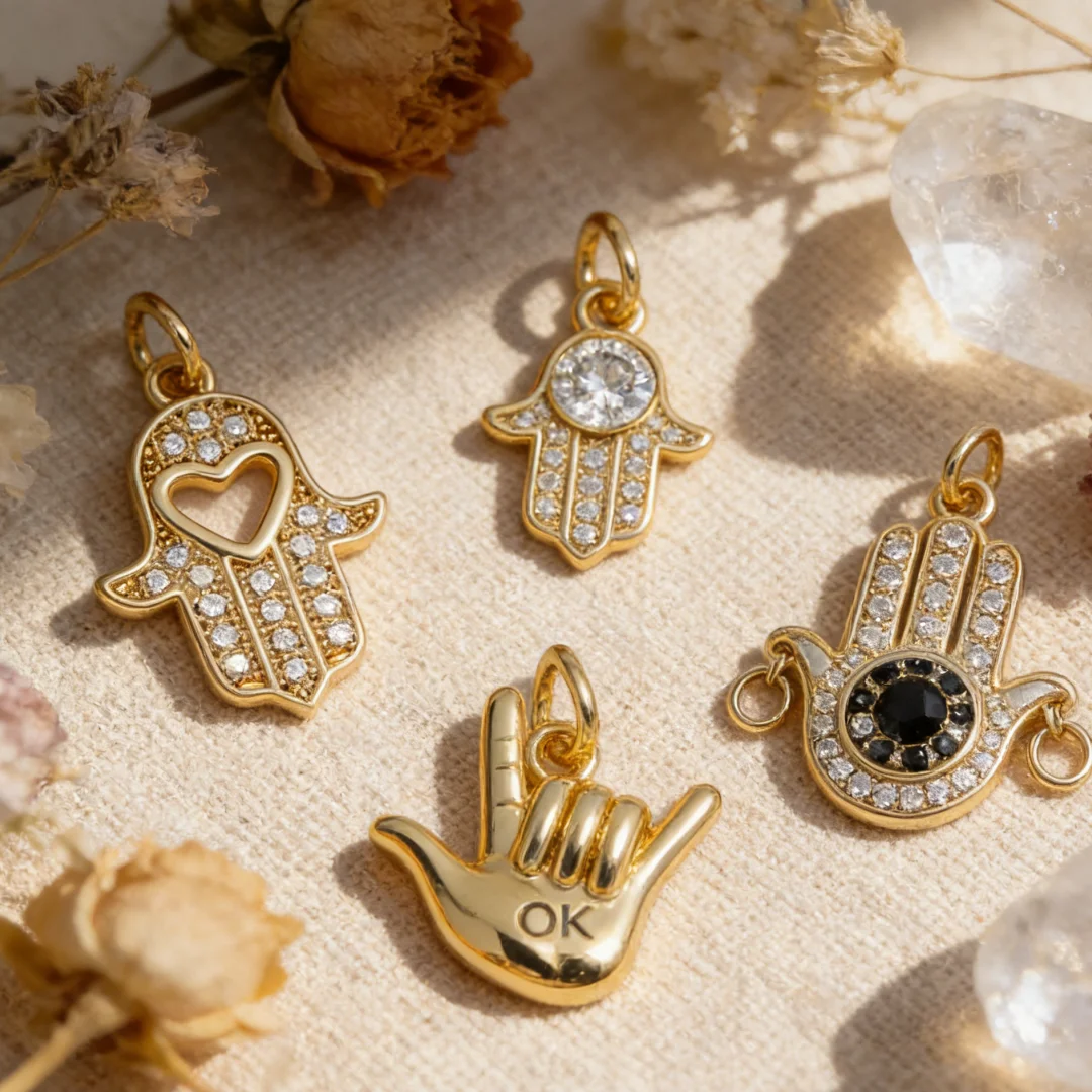 15Pcs Pendant Brass Cubic Zircon Retro Trendy Hand Gesture Charms Hollow Accessories for DIY Jewelry Necklace Bracelet Men Women
